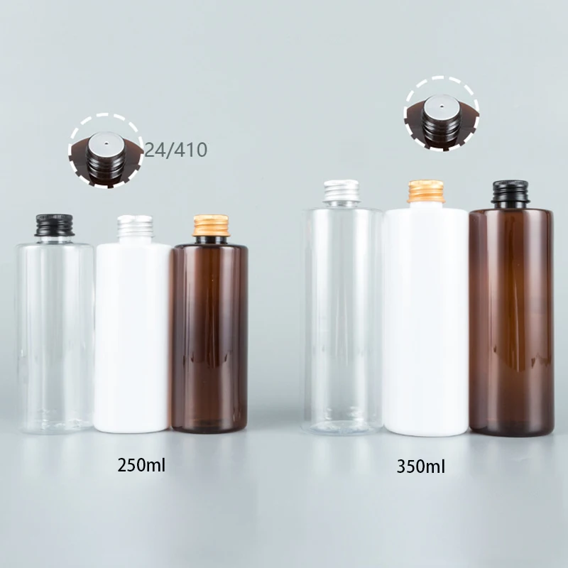 

250ml 350ml Empty Plastic Brown White Clear Bottle With Aluminum Screw Lid Shower Gel Facial Cleanser Shampoo Cosmetic container