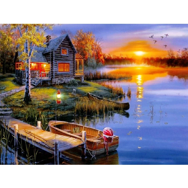 Diamond Painting House Scenery 5D Diamond Mosaic Seaside Landscape Rhinestone Embroidery Full Round Drill Home Decor CY-FJ02498-AE5