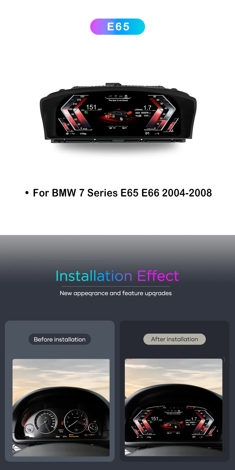12,3 Zoll Auto-LCD-Dashboard-Paneel für BMW 7er E65 E66 2011-2015 Digital Cluster Instrument Display Snelheids meter – Detail 1