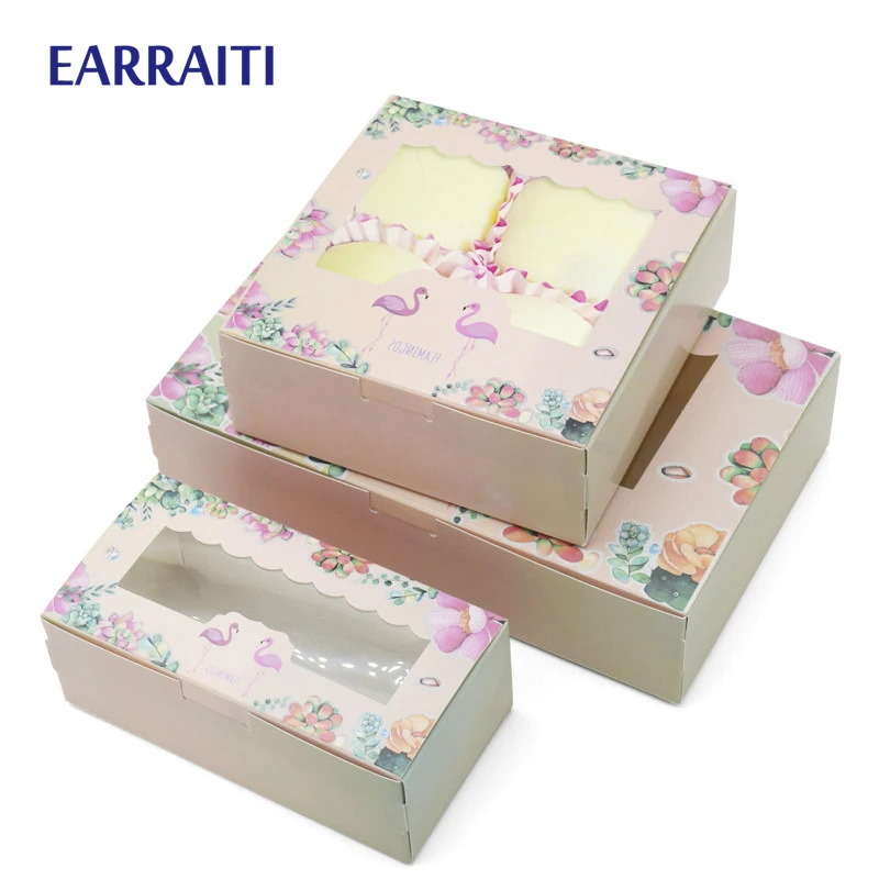 

10 Pcs Flamingo Gift Paper Box Birthday Wedding Party Kraft Paper Box With Window Cake Packaging Candy Cookies Cupcake Boxes