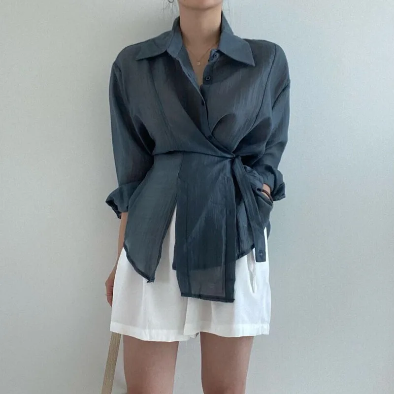 선 스크린 여성 셔츠 세련된 느슨한 긴 소매 블라우스 2024 패션 캐주얼 버튼 셔츠 탑 Office Lady Elegant Clothing 15674