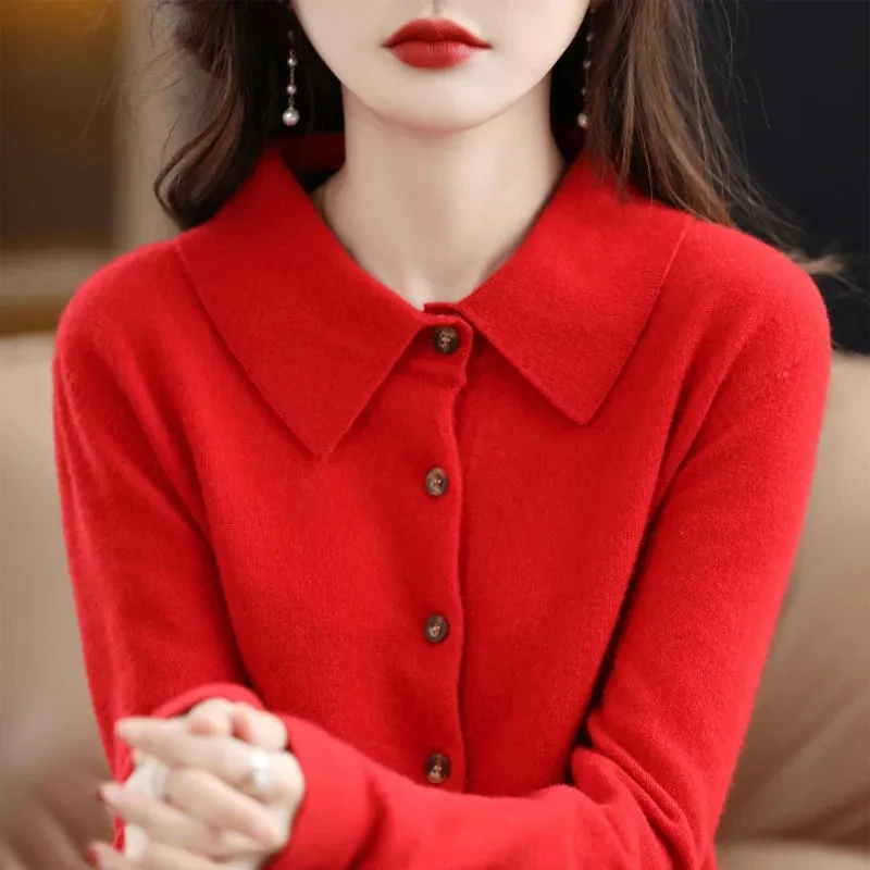 

Female New Knitting Woolen Sweater Cardigan Sweater Women Loose Fit POLO Collar Solid Color Bottom Insulation Velvet Knit Jacket