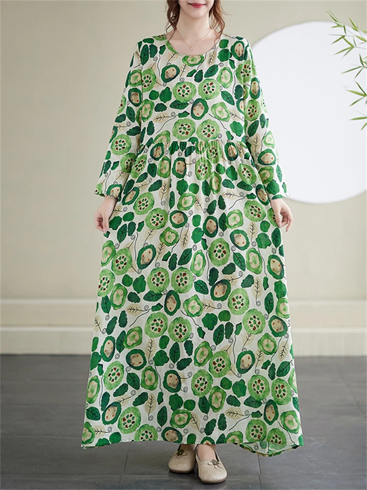 Cotton Vintage Long Green Print Dress Women 2025 New Spring Autumn Casual Loose Dresses Office Lady Femme Robe Vestidos Clothing