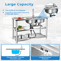 Kitchen Commercial Sink with 2 Bowls 2 Compartment Utility Sink with 2 Drainer & 2 Shelves 304 Stainless Steel 1
