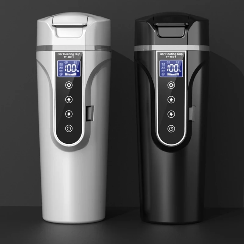 12V/24V/220V LED Portable Car Electric Kettle Outdoor Travel Heated Insulated Coffee Pot Home Stainless Steel Milk Thermos Cup 5