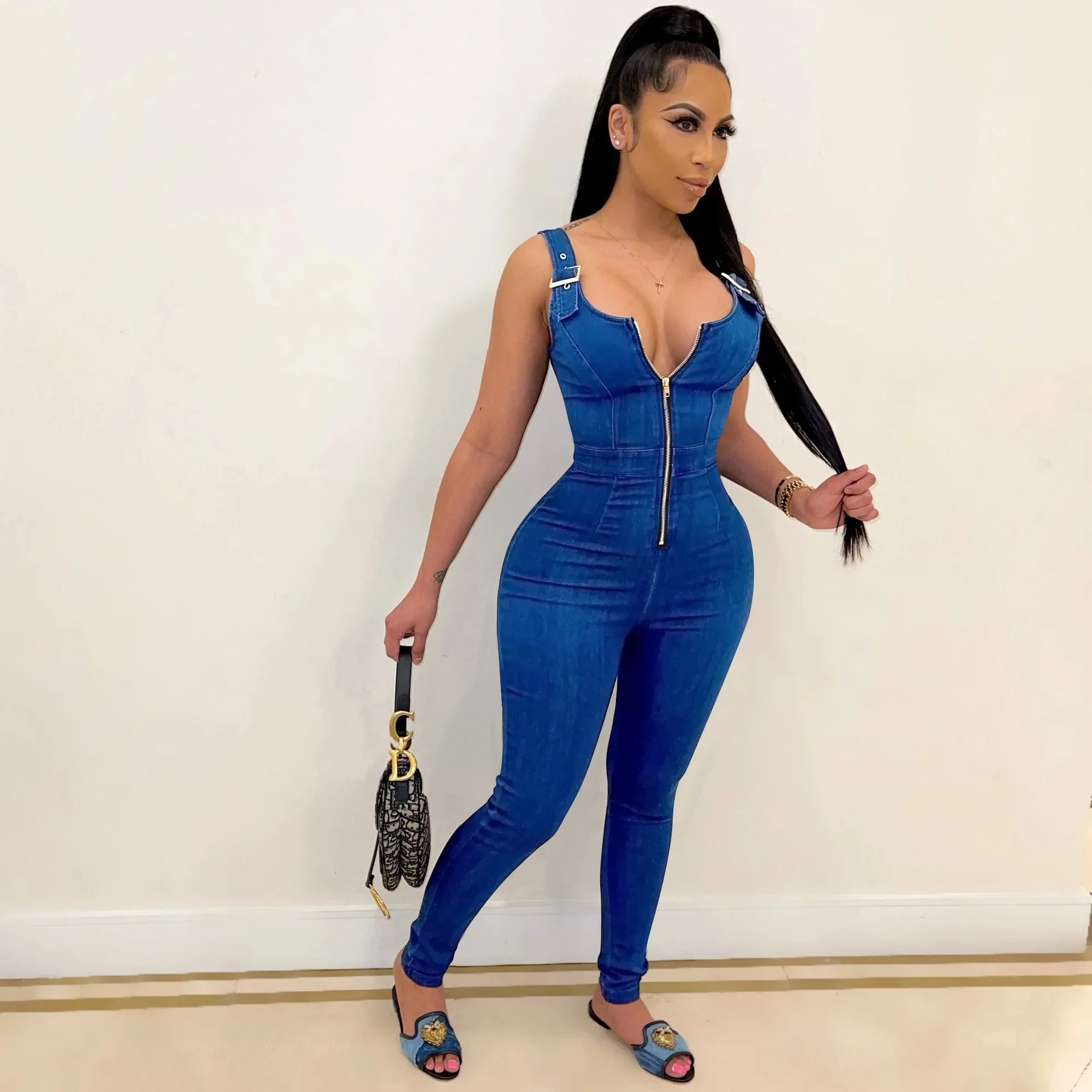 Jeans Stretch Jumpsuit Sexy Women Spaghetti Strap Skinny Blue Denim Casual Overalls Rompers