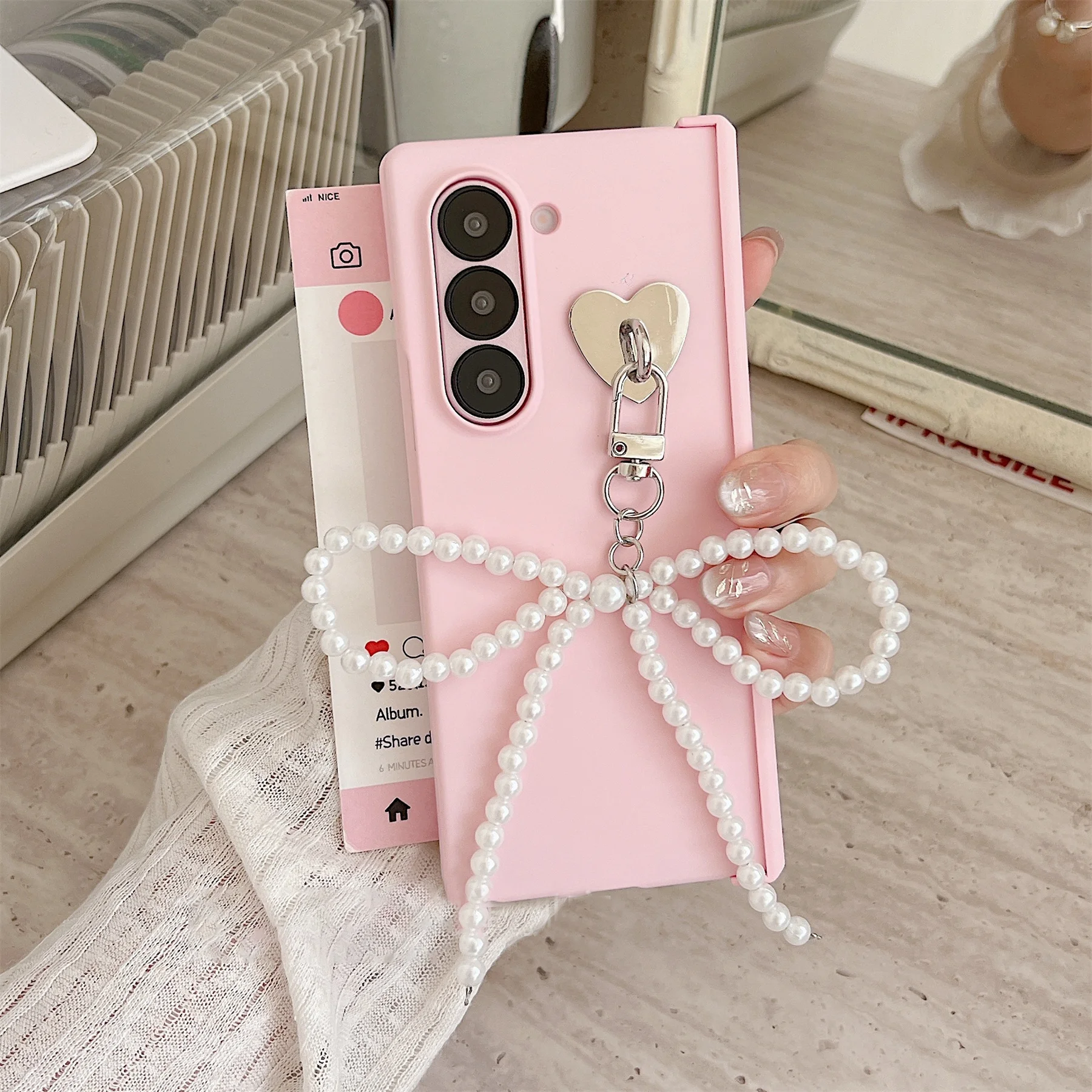 Luxury Simple Pink Phone Case with Pearl Bow Pendant
