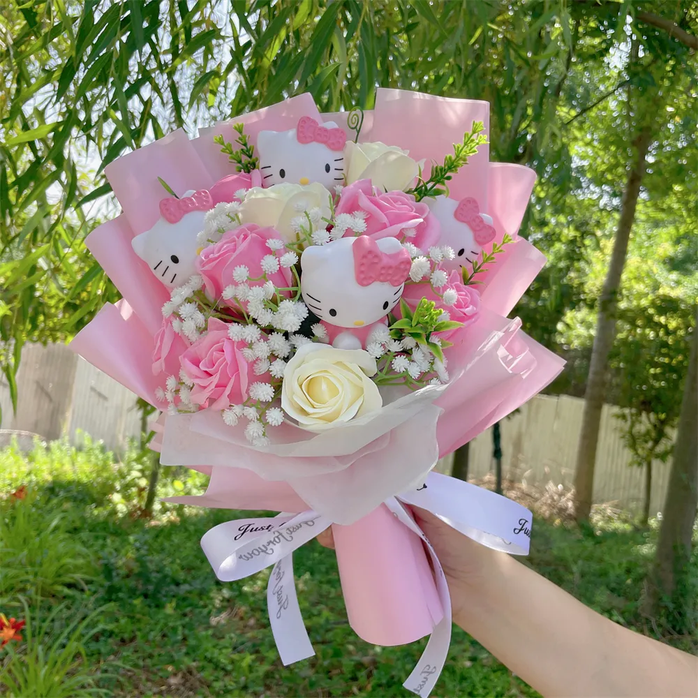 Hello Kitty Bouquet Kawaii Cat Plush Dolls Rose Soap Flowers Graduation Gifts