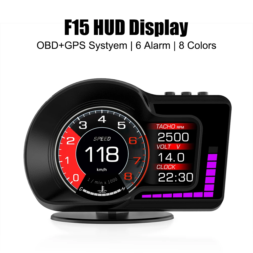 

RPM Gauge Accelerated Test Speedometer Car Head Up Display 6 Alarm Functions F15 OBD GPS Dual System HUD 8 Colors
