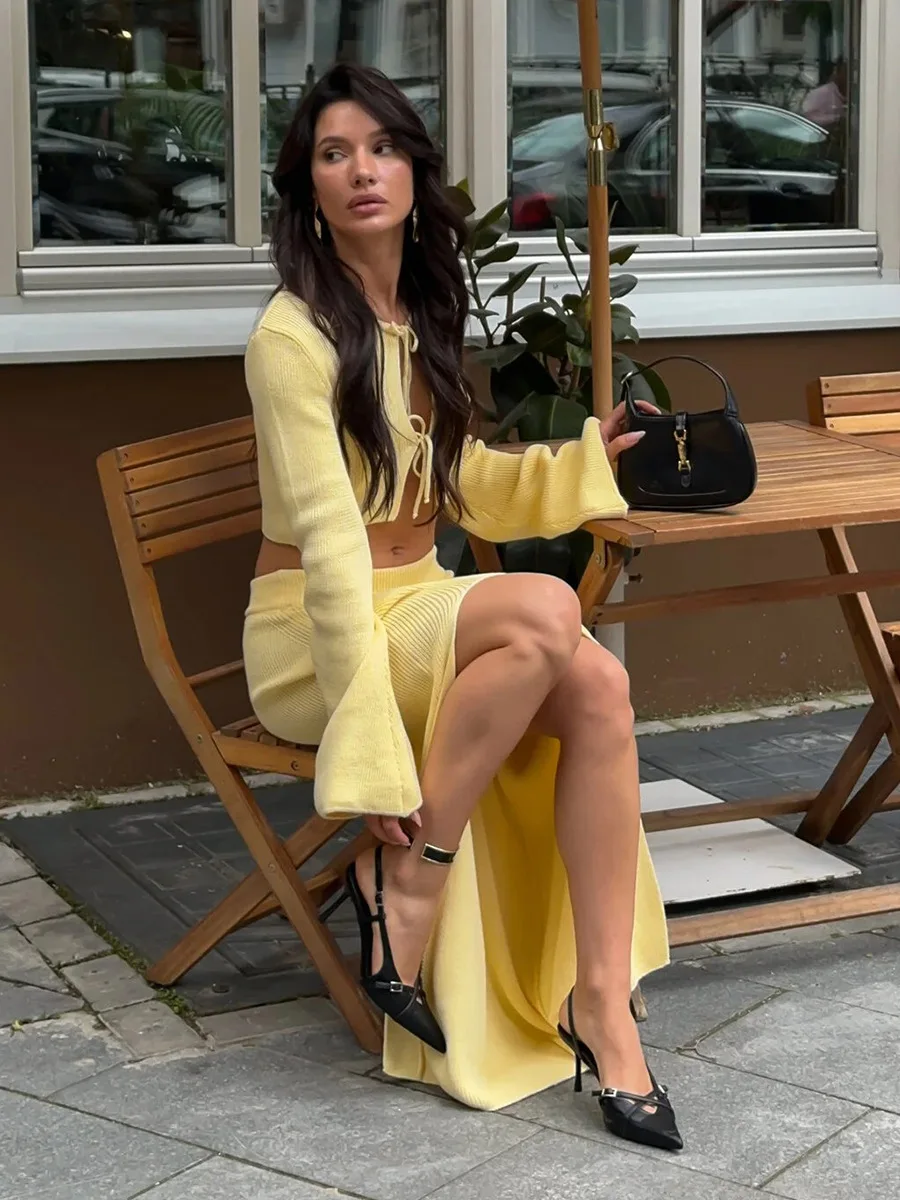 Bornladies Knit Lace Long sleeved Skirt Set Autumn Women's  Trumpet Sleeve Cardigan Split Half Length Skirt Set