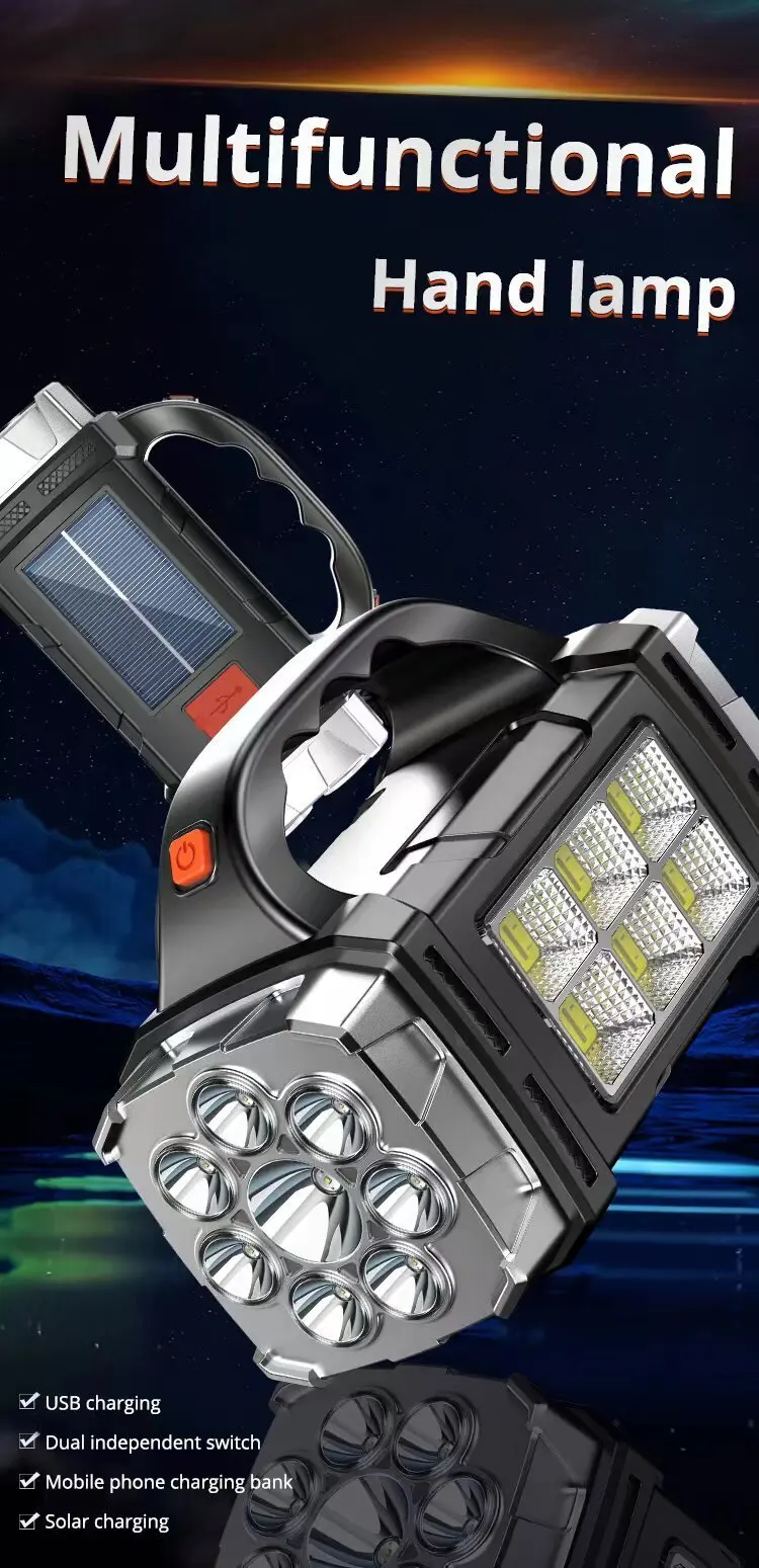 Description Picture 2 of itemPortable Powerful USB Rechargeable Flashlight Solar LED Light With COB Work Light 4 Gear Charge Mobile Phone Camping Lamp