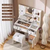 Makeup Vanity Desk with Mirror and Lights White Vanity Set with Drawers and Stool Glass Top Dressing Table Shelves 4