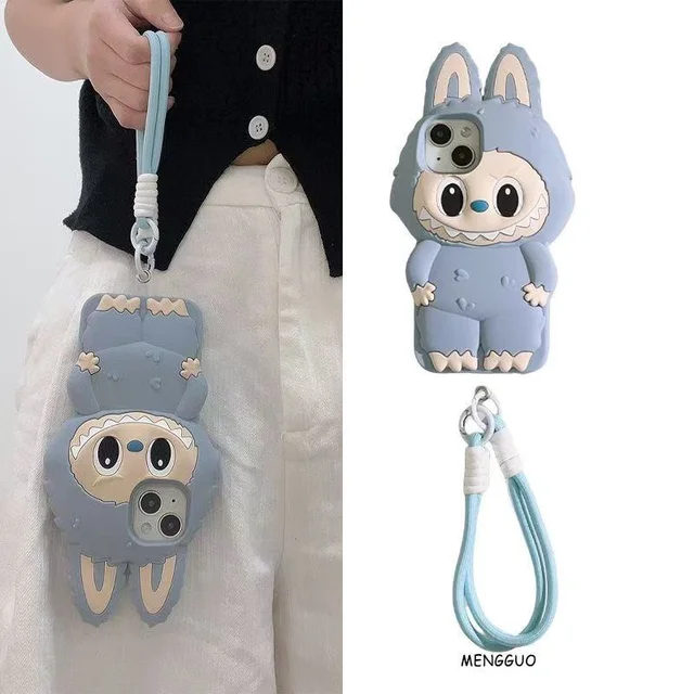 3D Cartoon Kawaii Monster Rabbit Soft Silicone Phone Case For iPhone 16 15 14 Plus 13 12 11 Pro Max 16promax With Lanyard Cover 3