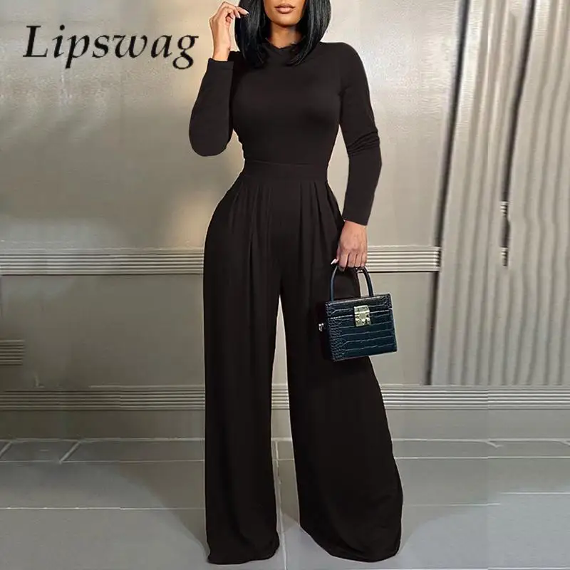 

Sexy Slim High Waist Pleat Playsuit Overalls Elegant Long Sleeve Turtleneck Women Jumpsuit Solid Casual Fashion Wide Leg Romper