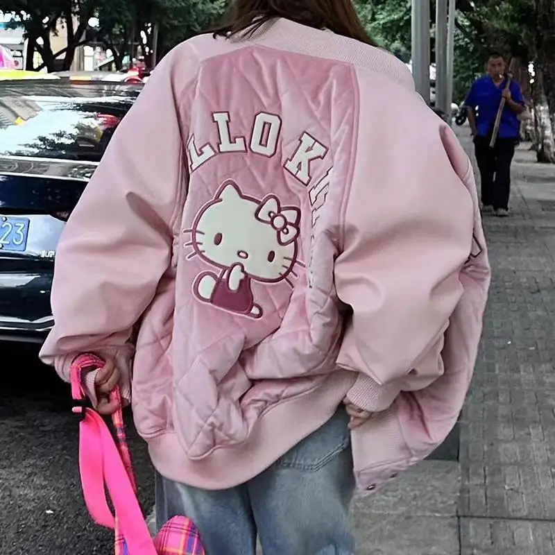

Cute Cartoon Hellokittys Autumn and Winter New Embroidered BF Casual Pink Baseball Jersey Thickened Warm Cotton Coat