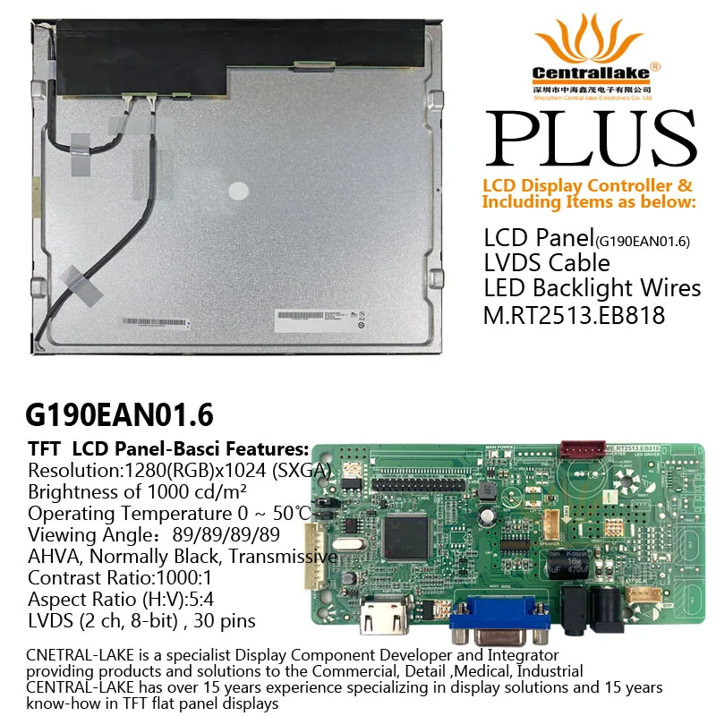 

Hot Sale for 19″LCD Industrial Display Screen Includes Controller Board :RTD2513 plus 19 inch G190EAN01.6