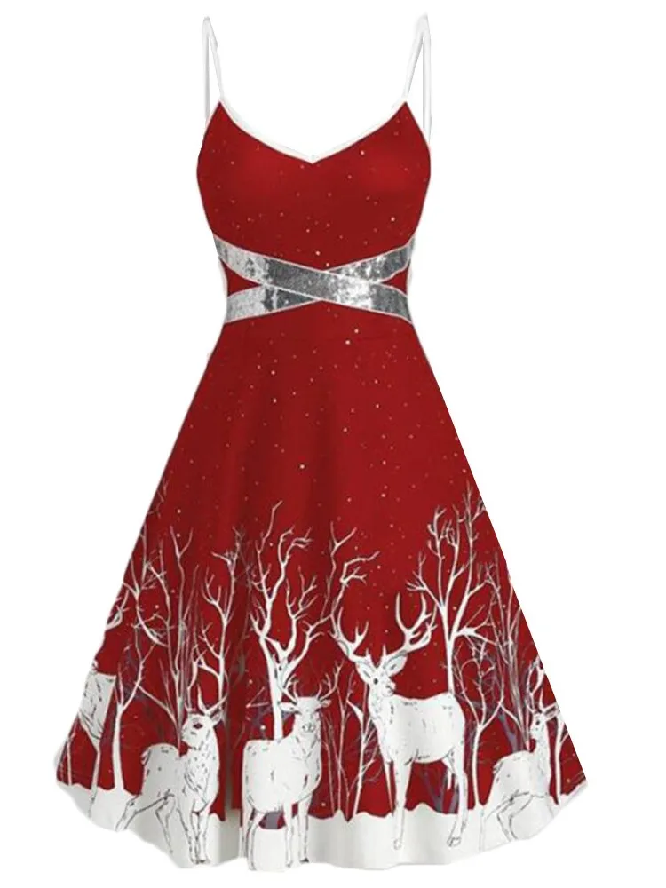 

Christmas Printed Spaghetti Strap Dresses For Women Sexy V-neck Sleeveless Christmas Party A-line Dress Fashion Vestido Feminino