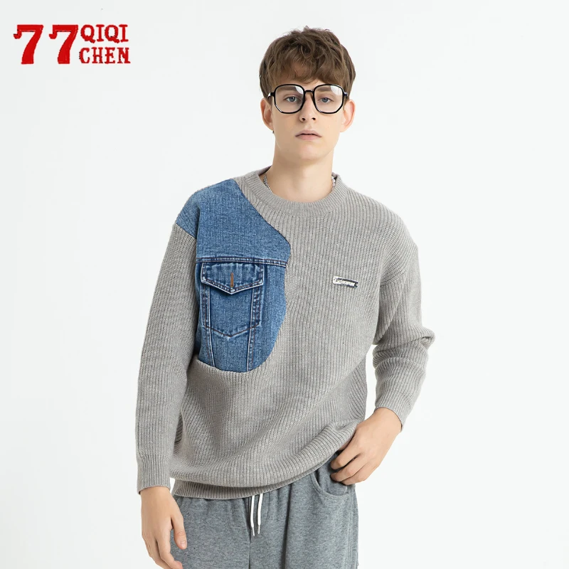 

Autumn Knitted Sweater Men Denim Spliced Pocket Pullover Jumper Harajuku Casual O-Neck Sweaters Winter Couple Sweatshirts Male