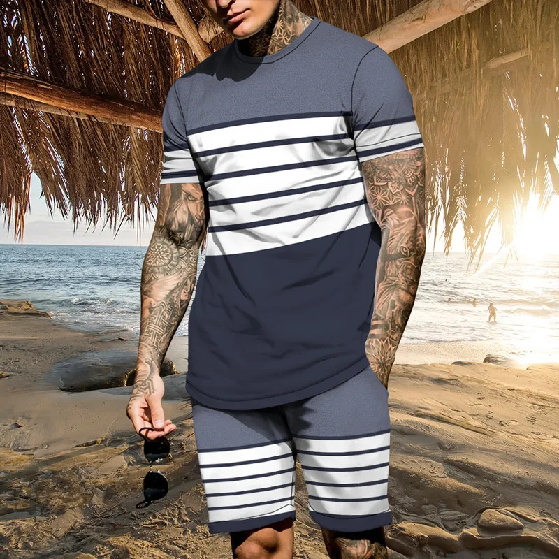 Summer Sportwear Suit Short Sleeve T Shirt 2 Piece Sets Men Tracksuit 3D Printed Striped Pattern Casual Trend Oversized Clothes