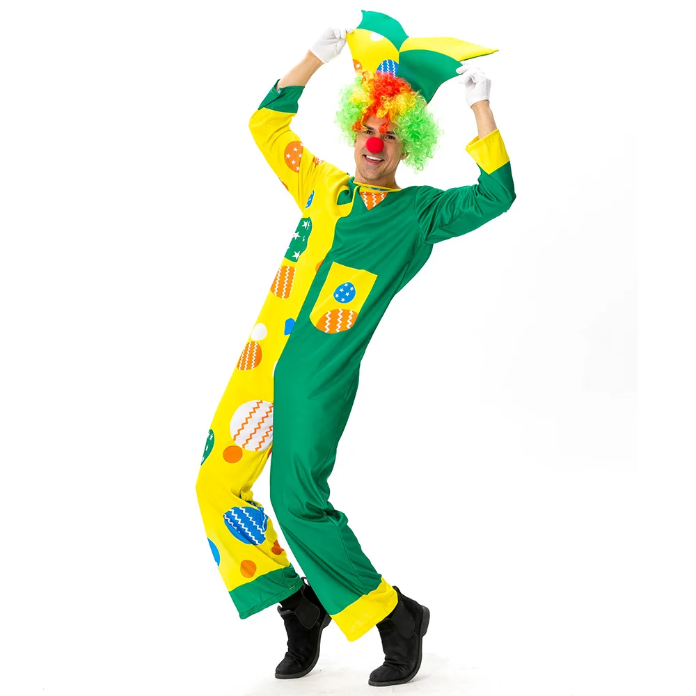 Clown Costume Jumpsuit Hat Colored Wig False Nose Adult Men Cosplay Party Clothes Entertaining Activities Dress Up