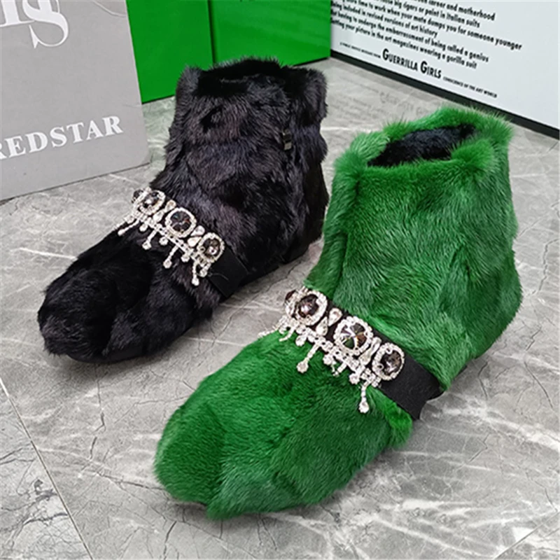 

Handmade Women Furry Ankle Boots Crystal Short Booties Winter Warm Bota Feminina Black Mink Fur Snow Boots Flat Botas Mujer