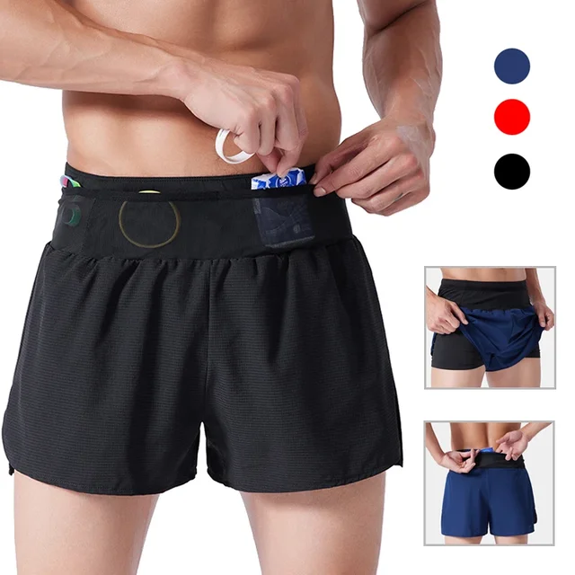 (S-4XL)Men Women Teens Multi-Pockets Quick Dry Marathon Running Shorts Double Layer Trackless Fitness Training Sport Shorts