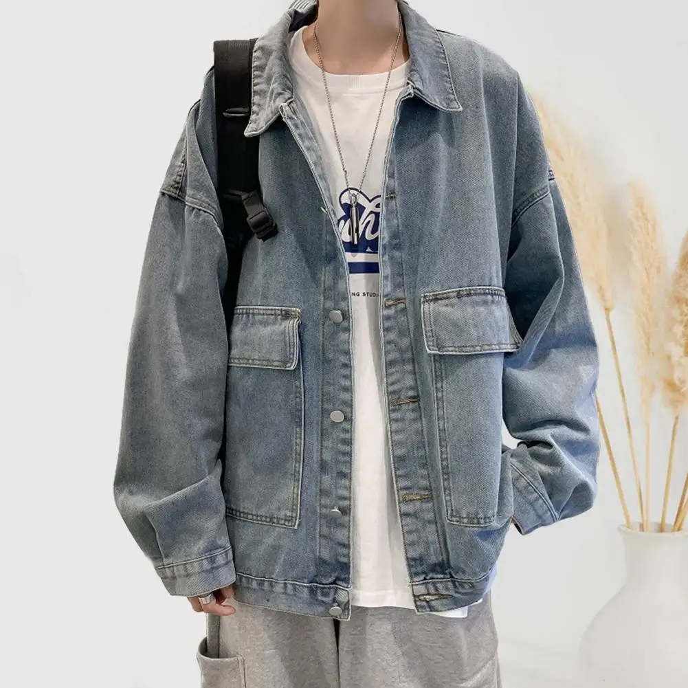 Casual Denim Jacket Stylish Men's Denim Jacket with Lapel Collar Flap Pockets Casual Spring Autumn Coat for A Trendy for Men