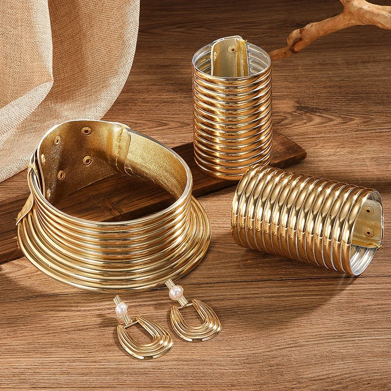 5 teile/satz Vintage Leder Afrikanischen Schmuck-Set Halsband Halskette Armband Ohrringe Set Für Frauen Kragen Halskette Set Schmuck Geschenke – Detail 8