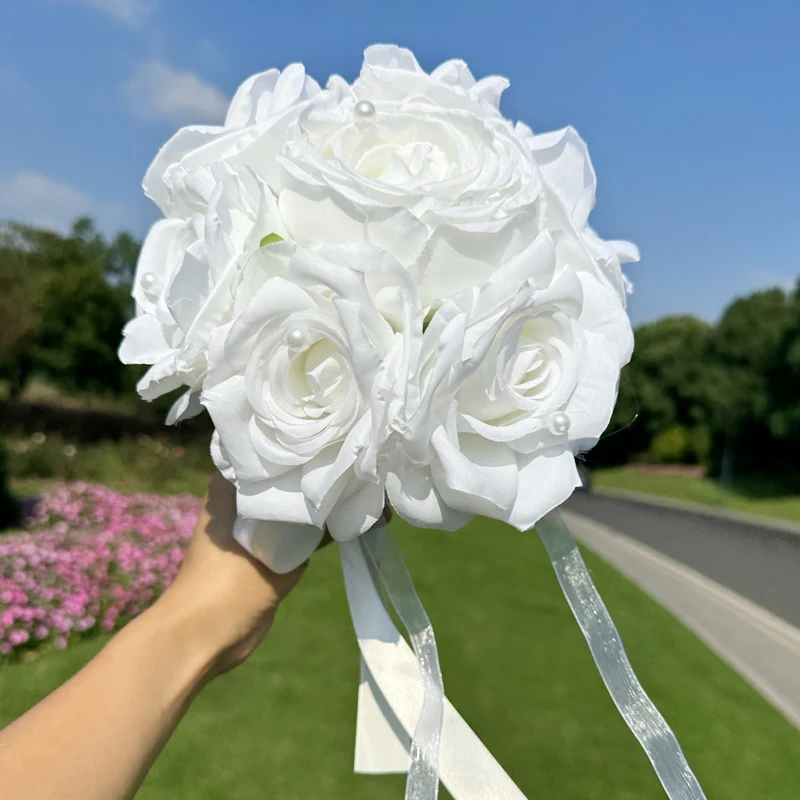 1pc LOVE White Rose Bridal Bouquets Pearl Decoration Bridesmaid Rural Wedding Bouquet Gift for Ceremony, Anniversary, Homecoming