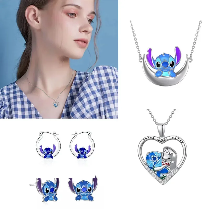 

Disney Cartoon Stitch Cute Necklace Exquisite Earstuds Women's Jewelry Accessories Moon Heart Pendant Girl's Birthday Gifts