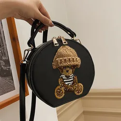Cartoon Cute Bags for Women 2023 New Luxury Designer Handbag Bear Small Round Crossbody Bags Vintage Leather Shoulder Bag Woman