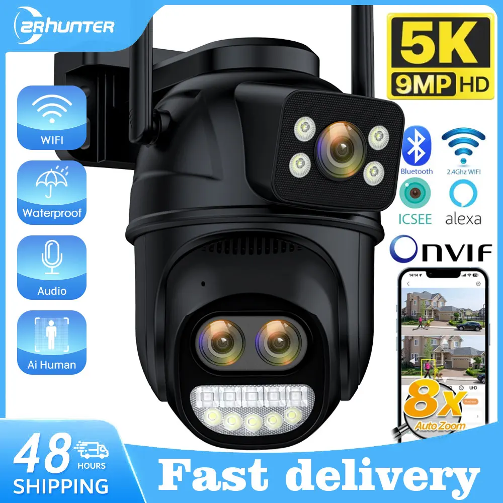 

9MP 5K HD WiFi IP Camera Outdoor 8x Zoom Three Lens Dual Screen PTZ Camera Auto Tracking Home Security CCTV Surveillance Camera