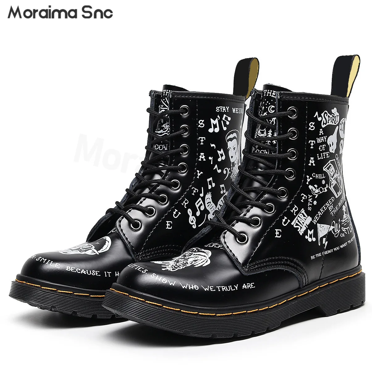 

Hard Leather Skull Black Boots with White Graffiti Personalized Short Boots for Men and Women Large Size Casual Motorcycle Boots