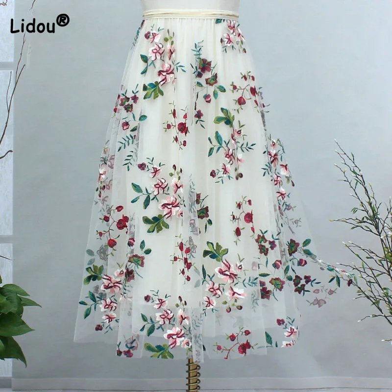 Elegant Fashion Female Embroidery Mesh Skirt 2023 Summer A-Line Elastic High Waist Temperament Midi Skirts Women's Clothing