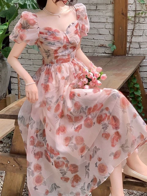 Summer Chiffon Elegant Kawaii Dress Women Floral Print Sweet Princess  Casual Midi Dress Female Puff Sleeve Party Holiday Dress - Dresses -  AliExpress