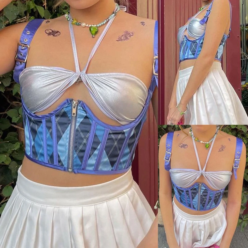 

Ladies Plaid Corset Adjustable Strap for Tank Tops Vintage Zipper Backless Busti