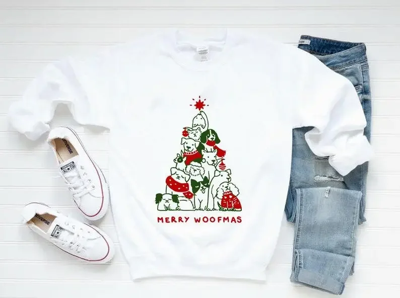 Merry Woofmas, Dog Lover Christmas Sweatshirt With  Sweater, Apparel  Cotton Solid Thicken Warm Women Sweatshirts Lady Fashion winter warm puppy kitten pullover soft fleece dog clothes pet clothes for small dogs chihuahua bulldog apparel sweater for dogs