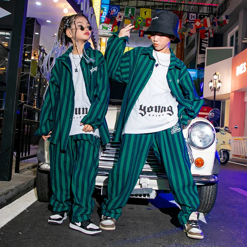 

Girl Boy Jazz Dance Costume Clothes Green Striped Denim Shirt Jacket Casual Street Pants Kid Hip Hop Clothing Teens Outfits Set