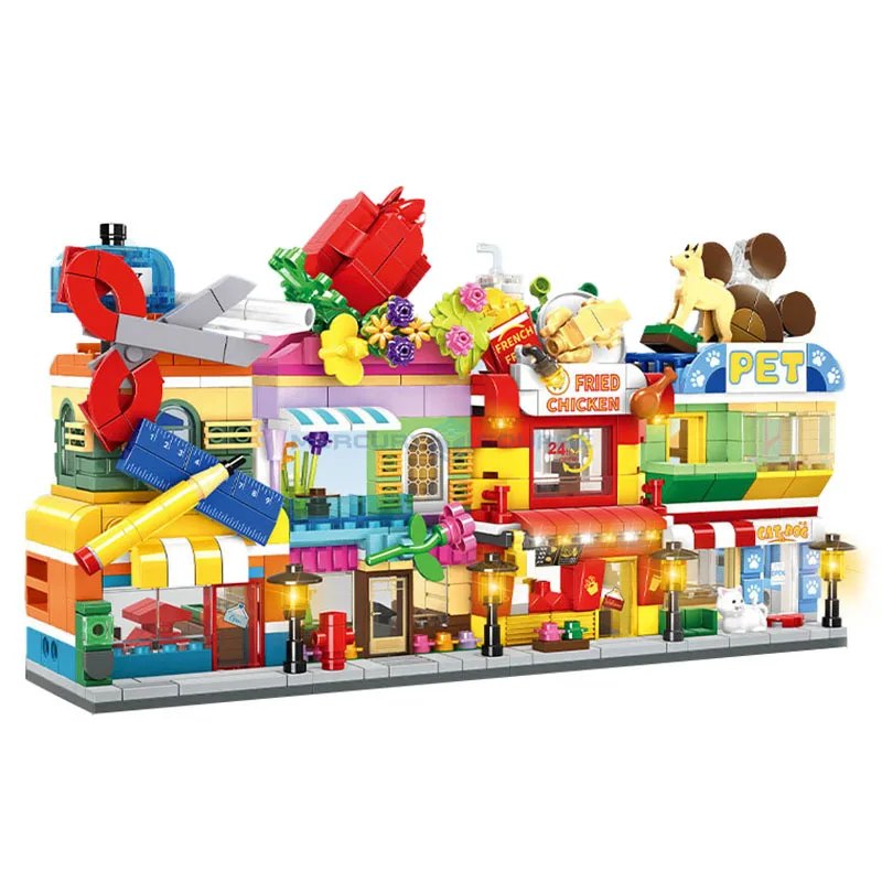 The Commercial Street View Model Building Blocks Moc C0346 Pet Shop Pried Chicken Stationery Store Fiorista Shop Bricks Toy Set