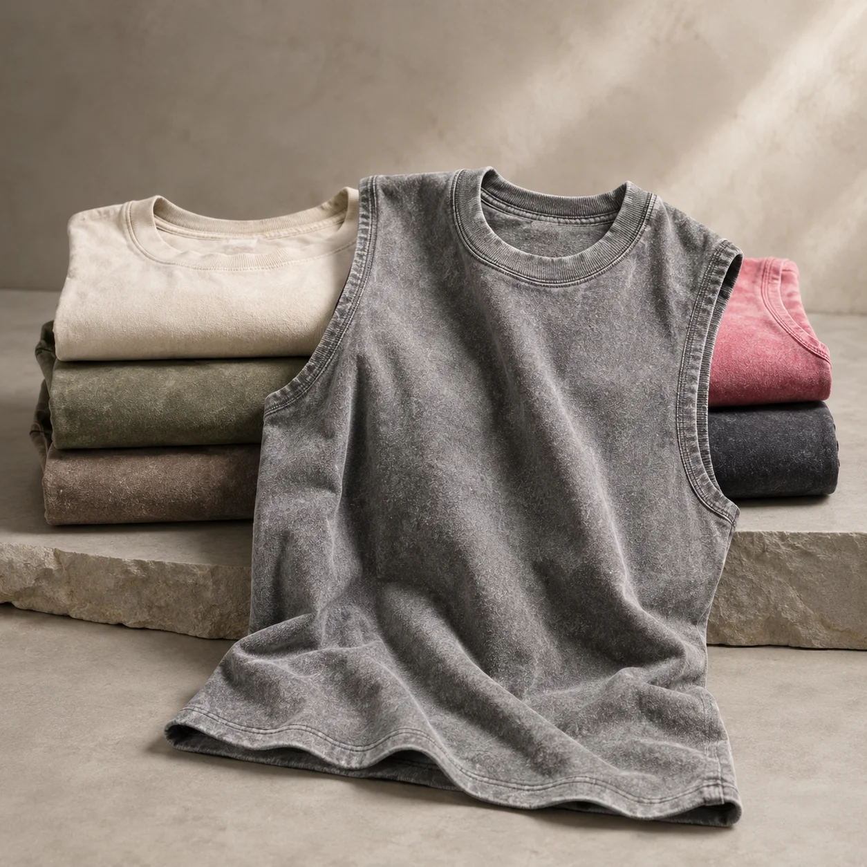 Camiseta sin mangas de algodón lavado de calidad para hombre, 230G, estilo vintage, holgada, para gimnasio, verano, running, playa