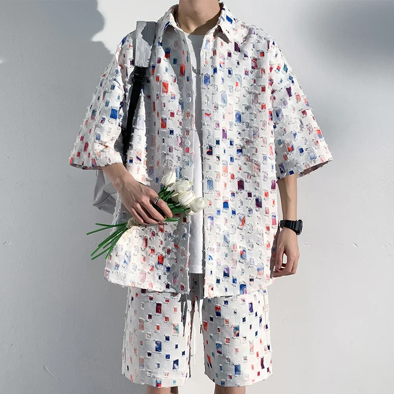 Summer Plaid Sets Men Fashion Short Sleeved Shirt/Shorts Two-piece Mens Streetwear Loose Hollow Out Set Mens Short Sets M-5XL 3