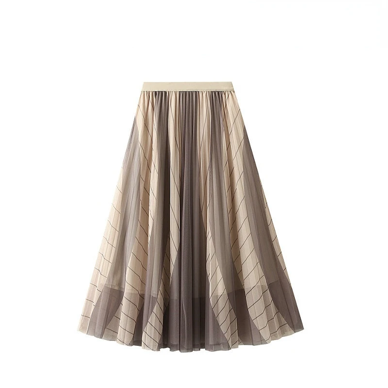 

Spring Gradient Color Printed Mesh Pleated Long Women's Skirt Autumn 2023 New Retro Contrast Color A- line Tulle Skirt Women
