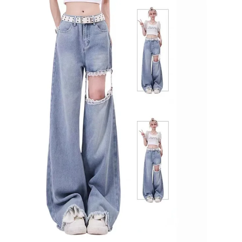 Jeans Women Summer New Ins Hottie Lace Hollowing Out Splicing Pendant Straight Cylinder Trousers Tide