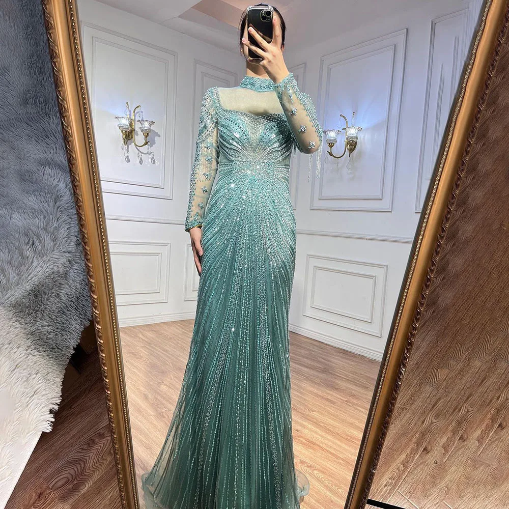 Serene Hill Nude Muslim Beaded Tassel  Mermaid Dubai Arabic Evening Dresses Gowns Luxury 2023 For Women Wedding Party LA71533