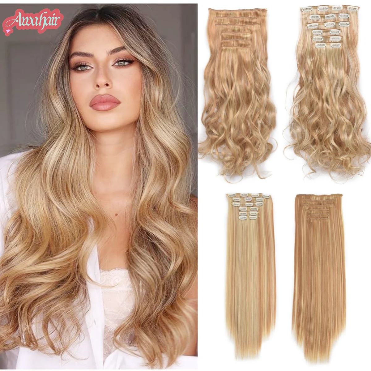 

6Pcs/Set 24Inch Synthetic Hair Clip In Long Wavy Thick Hairpieces For Women Full Head Synthetic Straight Hair Extensions