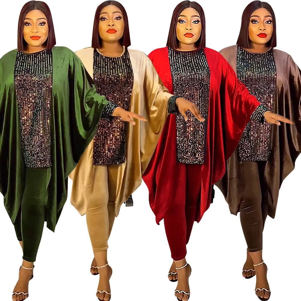 

African Clothes for Plus Size Abaya Fashion Women Ankara Dashiki Set Sequin Outfits Autumn Lady Velvet Tops Pants Trousers Suits