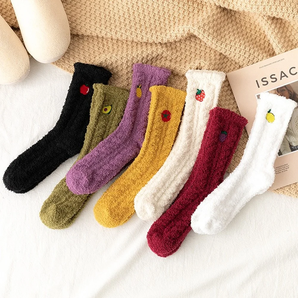 

7 Pairs New Harajuku Fruit Embroidery Coral Fleece Women Socks Autumn and Winter Avocado Strawberry Warm Sleep Floor Socks