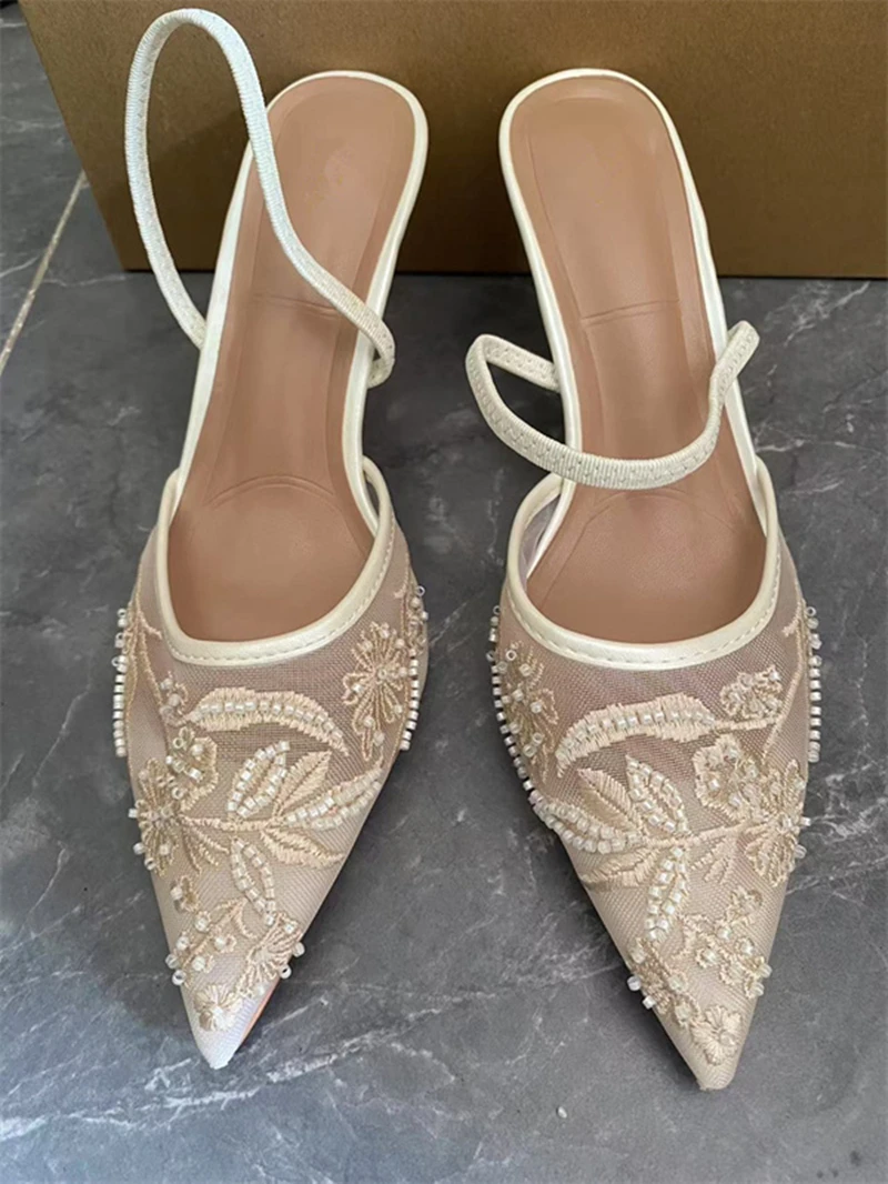 Women's Mesh Floral Embroidered Slingback High Heels Female Open Heel Pearl Studded Pointed Toe Sandals Sexy Stiletto Lady Mules 3