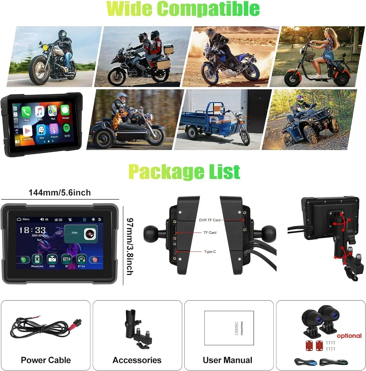 5 Inch Portable Mortorcycle Carplay Screen Wireless Carplay Android Auto GPS Navigation 1080P Dual Camera Video Recorder DVR