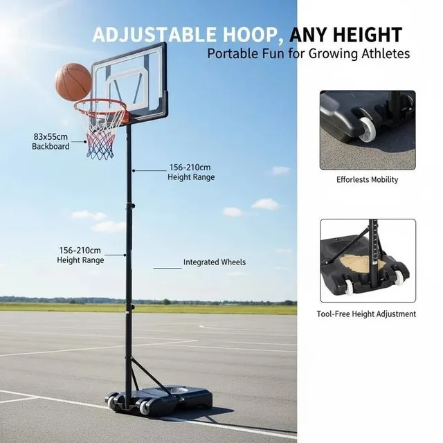 Basketball Stand with Wheels, 83x55cm Back Panel, Mobile Basketball Hoop with Stand, Adjustable Hoop Height 156 To 210 Cm, Basketball System, for Outdoor Use